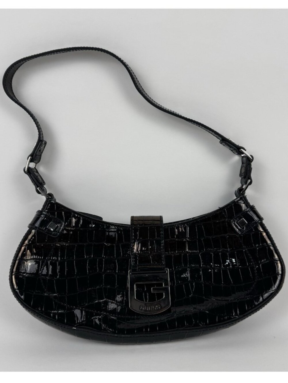Y2K Guess Black Croc Embossed Shoulder Bag Hobo Purse